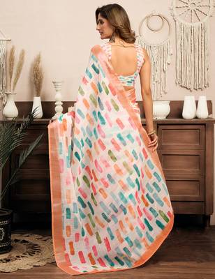 White linen color block printed ready to wear saree with pocket 4