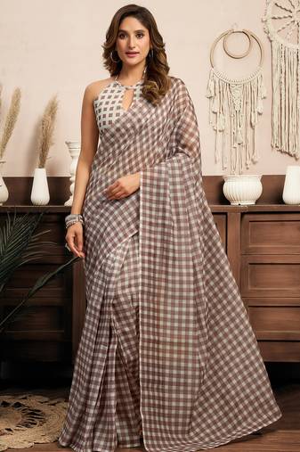 Beige linen checked printed ready to wear saree with pocket