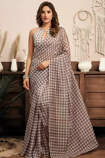 Beige linen checked printed ready to wear saree with pocket