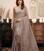 Beige linen checked printed ready to wear saree with pocket