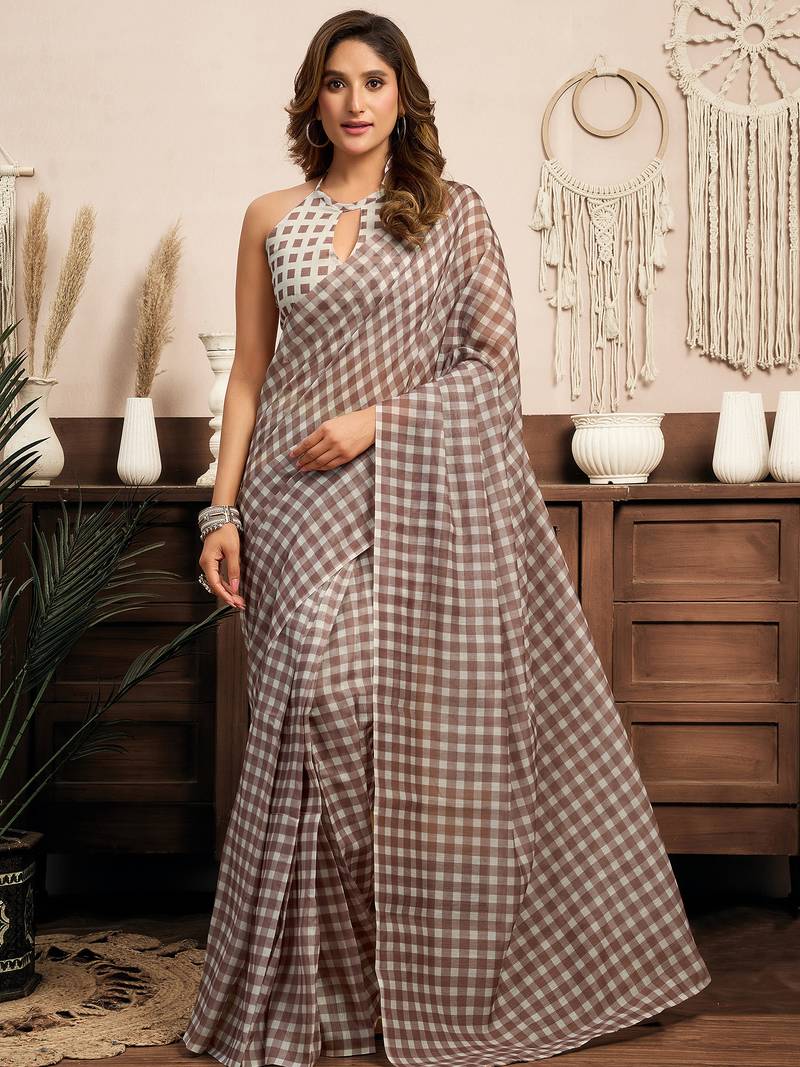 Beige linen checked printed ready to wear saree with pocket