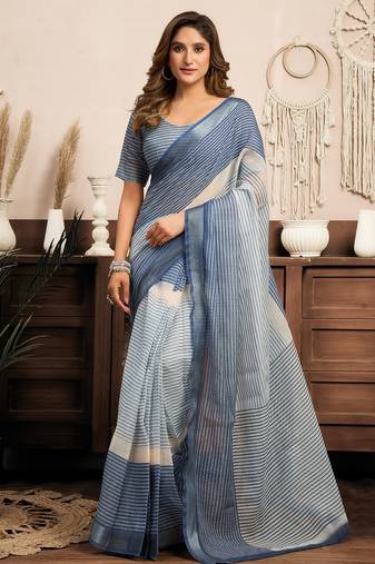blue linen striped printed ready to wear saree with pocket