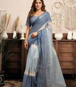blue linen striped printed ready to wear saree with pocket