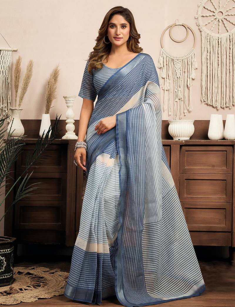 blue linen striped printed ready to wear saree with pocket