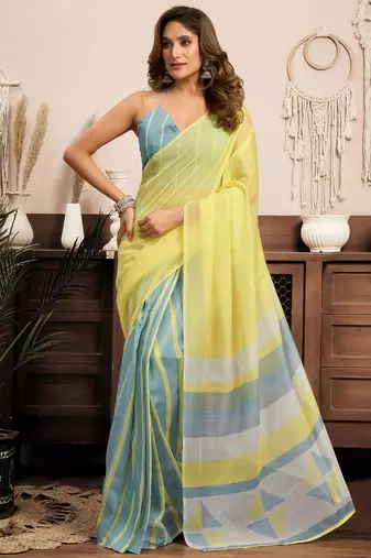 Bright yellow linen striped & geomatric printed ready to wear saree with pocket