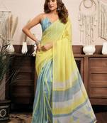 Bright yellow linen striped & geomatric printed ready to wear saree with pocket