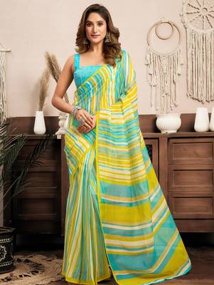 Yellow linen striped (leheriya) printed ready to wear saree with pocket 1