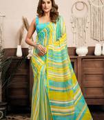 Yellow linen striped (leheriya) printed ready to wear saree with pocket