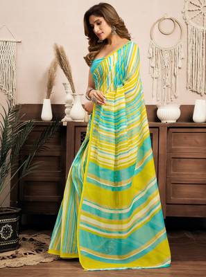 Yellow linen striped (leheriya) printed ready to wear saree with pocket 3