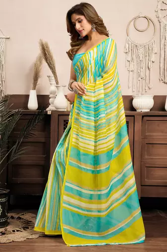 Yellow linen striped (leheriya) printed ready to wear saree with pocket