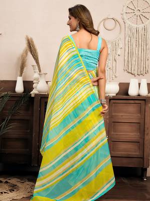 Yellow linen striped (leheriya) printed ready to wear saree with pocket 5