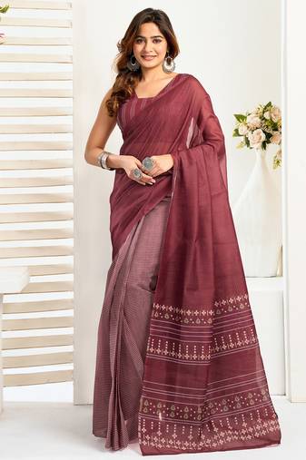 Maroon linen ethnic motifs printed ready to wear saree with pocket