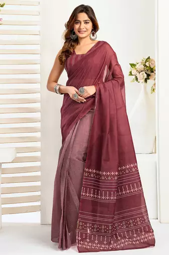 Maroon linen ethnic motifs printed ready to wear saree with pocket