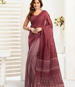 Maroon linen ethnic motifs printed ready to wear saree with pocket
