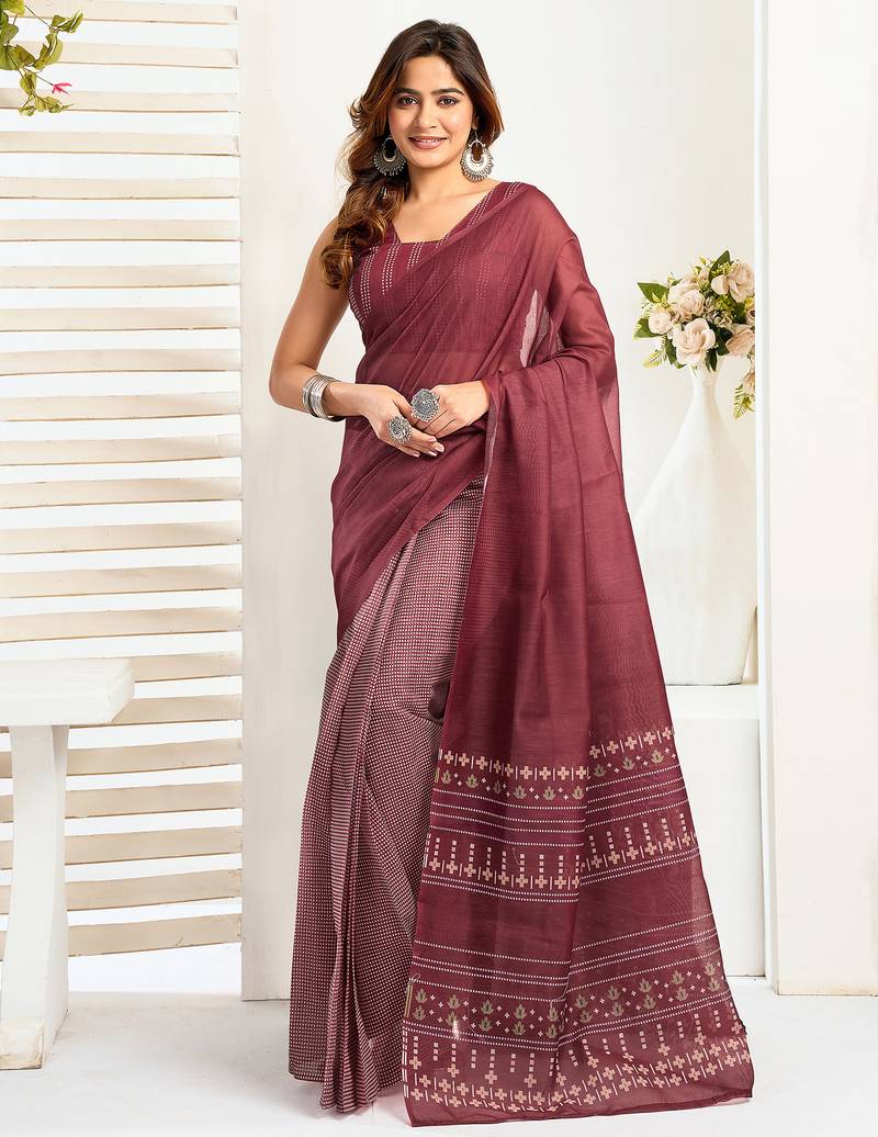 Maroon linen ethnic motifs printed ready to wear saree with pocket