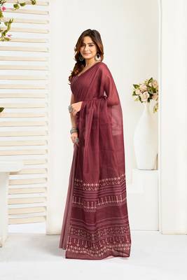 Maroon linen ethnic motifs printed ready to wear saree with pocket 2