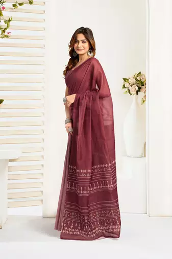 Maroon linen ethnic motifs printed ready to wear saree with pocket