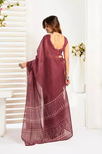 Maroon linen ethnic motifs printed ready to wear saree with pocket