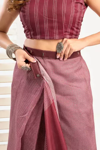 Maroon linen ethnic motifs printed ready to wear saree with pocket