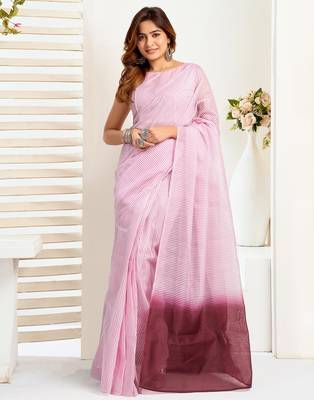 Light pink   linen striped printed ready to wear saree with pocket 1