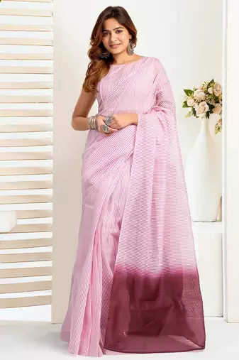 Light pink  linen striped printed ready to wear saree with pocket