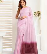 Light pink  linen striped printed ready to wear saree with pocket