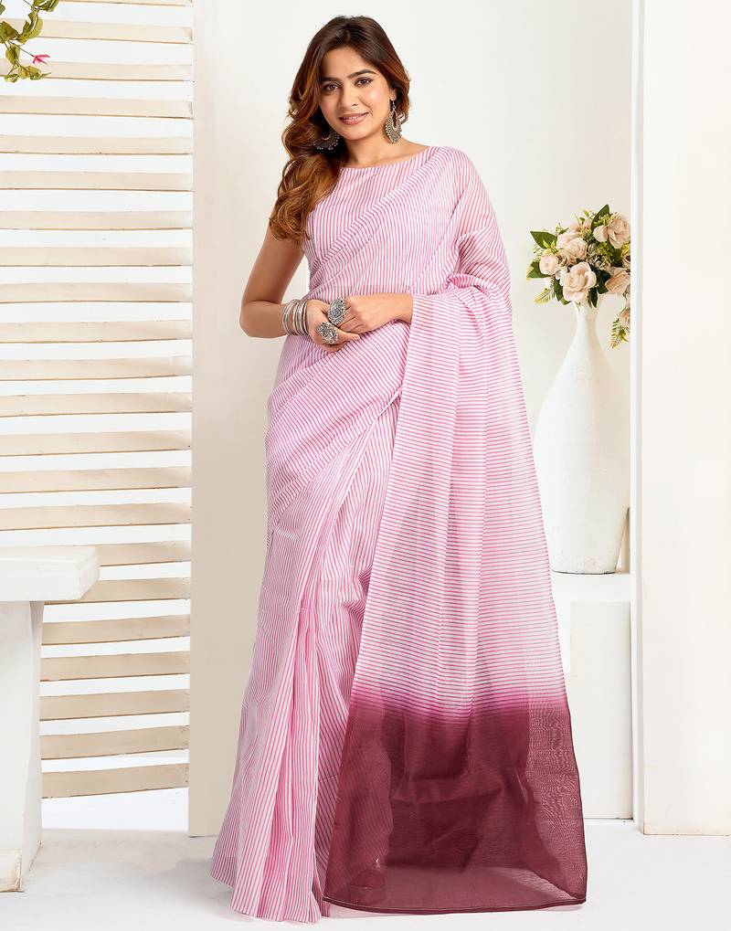 Light pink  linen striped printed ready to wear saree with pocket