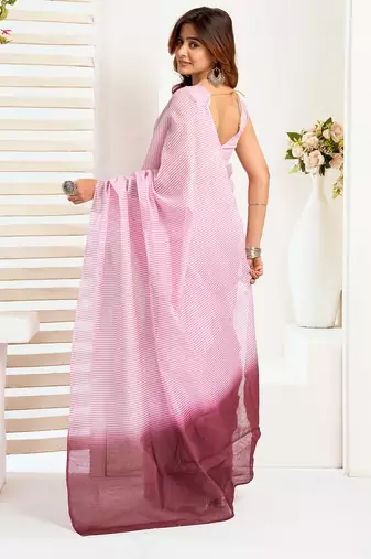 Light pink   linen striped printed ready to wear saree with pocket