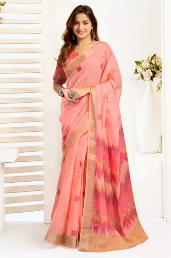 Peach linen ikkat printed ready to wear saree with pocket