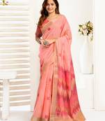 Peach linen ikkat printed ready to wear saree with pocket