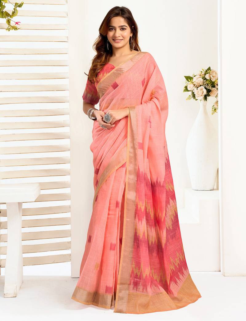 Peach linen ikkat printed ready to wear saree with pocket