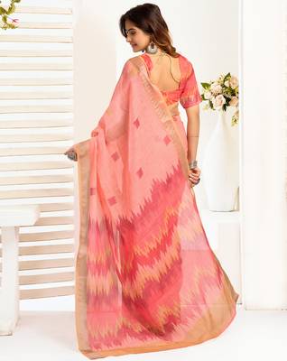 Peach linen ikkat printed ready to wear saree with pocket 3