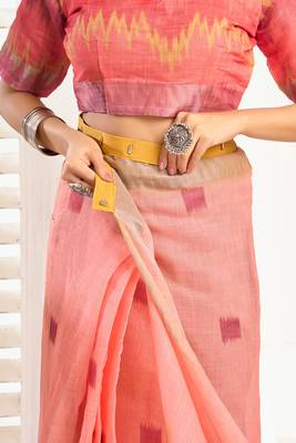 Peach linen ikkat printed ready to wear saree with pocket 4