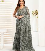 Grey  linen geomatric color block printed ready to wear saree with pocket