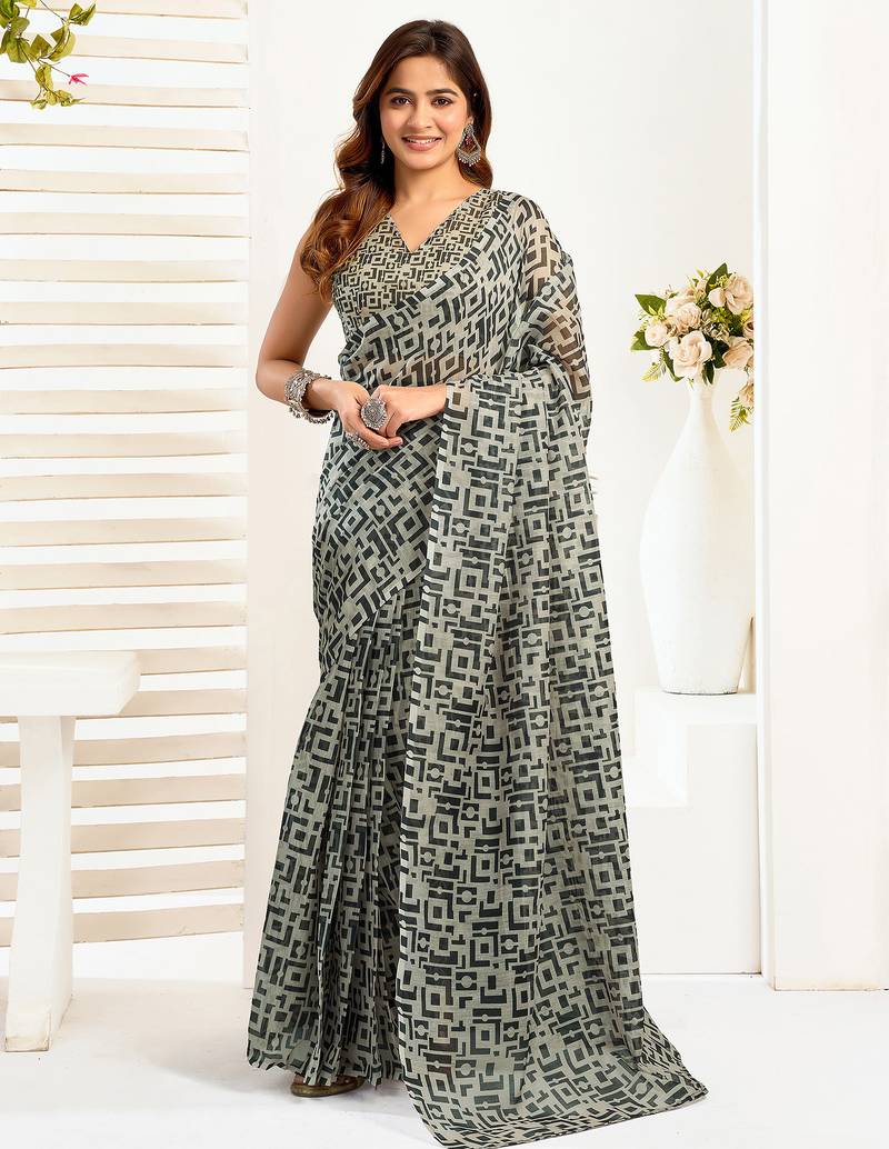 Grey  linen geomatric color block printed ready to wear saree with pocket