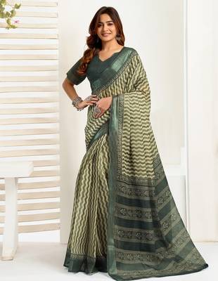 Dark green linen zig zag & chevron printed ready to wear saree with pocket 1