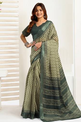 Dark green linen zig zag & chevron printed ready to wear saree with pocket
