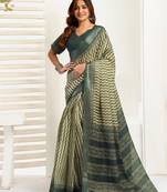 Dark green linen zig zag & chevron printed ready to wear saree with pocket