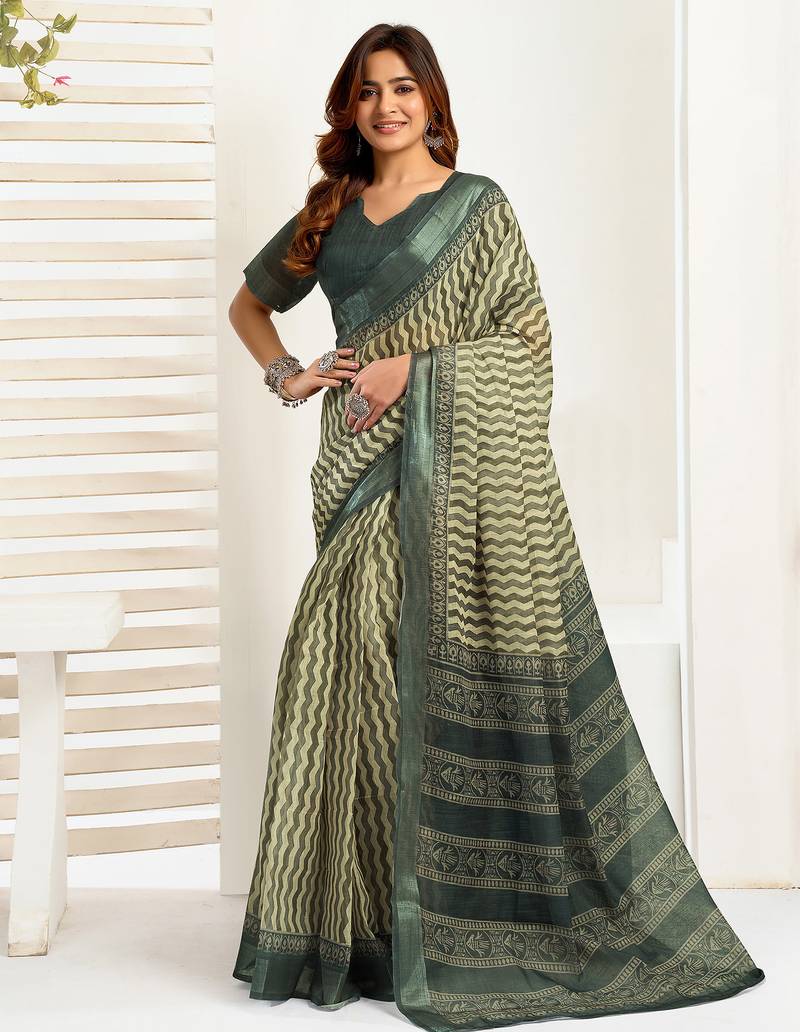Dark green linen zig zag & chevron printed ready to wear saree with pocket