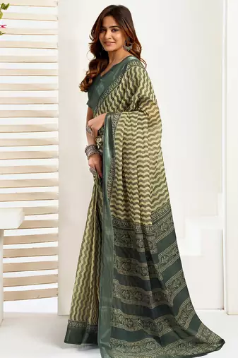 Dark green linen zig zag & chevron printed ready to wear saree with pocket