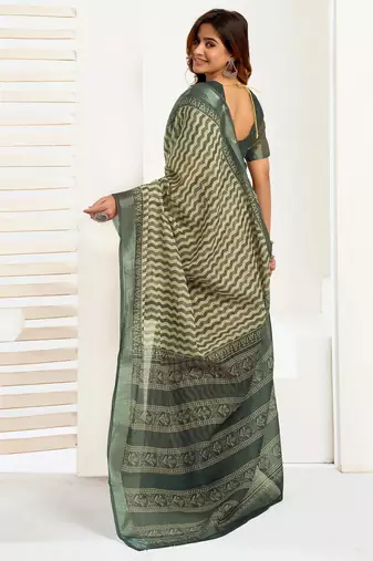 Dark green linen zig zag & chevron printed ready to wear saree with pocket
