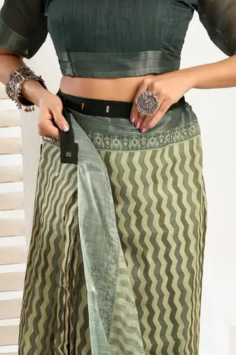 Dark green linen zig zag & chevron printed ready to wear saree with pocket