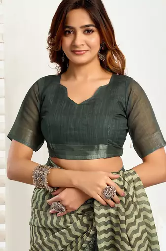 Dark green linen zig zag & chevron printed ready to wear saree with pocket