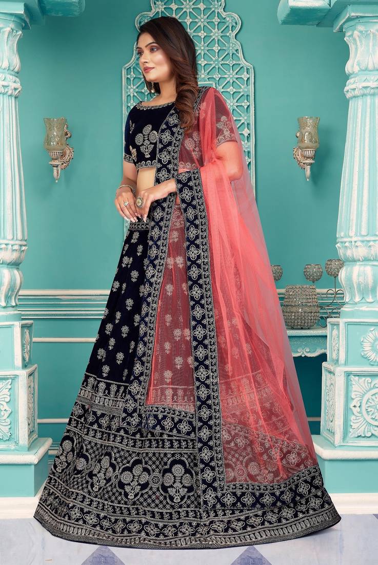 Modern  Velvet  Navy Blue Embroidery  Zari Work Bridal  Lehenga Choli
