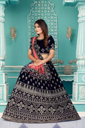 Modern  Velvet  Navy Blue Embroidery  Zari Work Bridal  Lehenga Choli