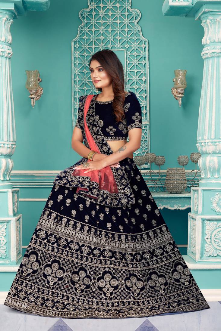 Modern  Velvet  Navy Blue Embroidery  Zari Work Bridal  Lehenga Choli