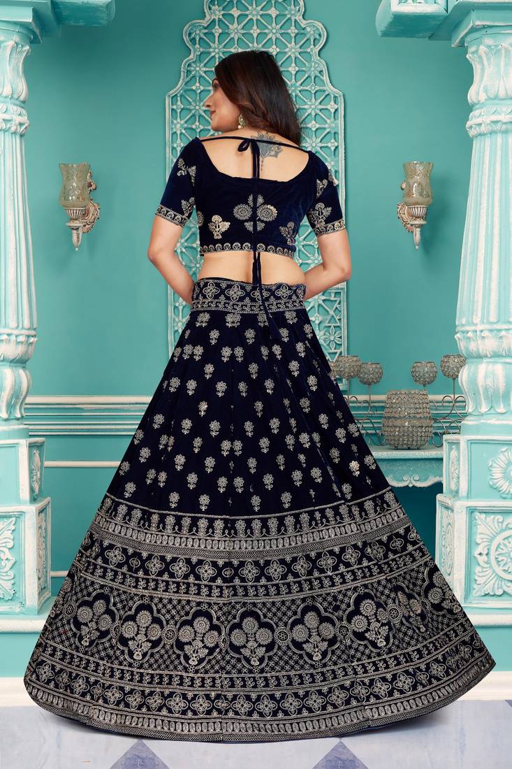 Modern  Velvet  Navy Blue Embroidery  Zari Work Bridal  Lehenga Choli