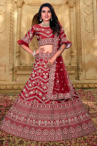 Bridal  Malai Satin Maroon  Embroidery Sequence Lehenga Choli