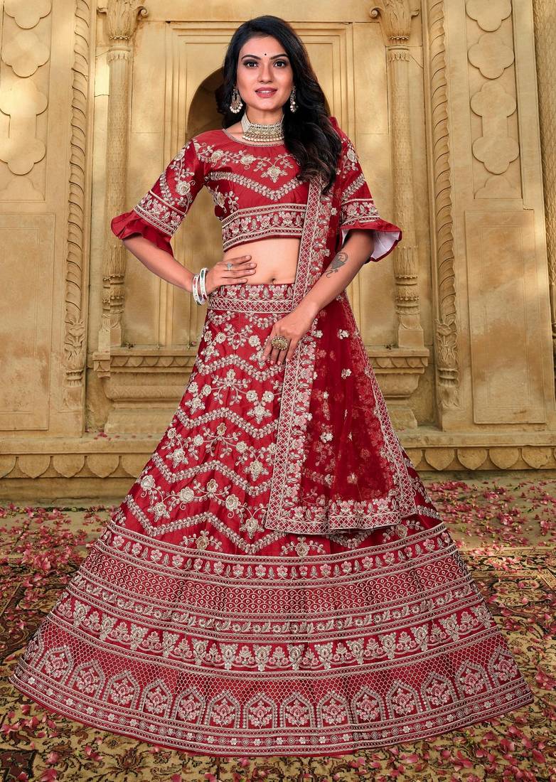 Bridal  Malai Satin Maroon  Embroidery Sequence Lehenga Choli