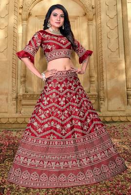 Bridal  Malai Satin Maroon  Embroidery Sequence Lehenga Choli 2